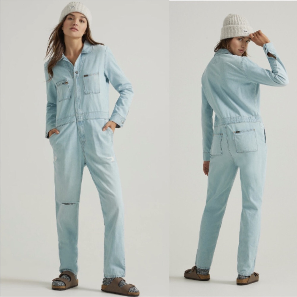 Lee Union Alls Jumpsuit Distressed Barely Blue